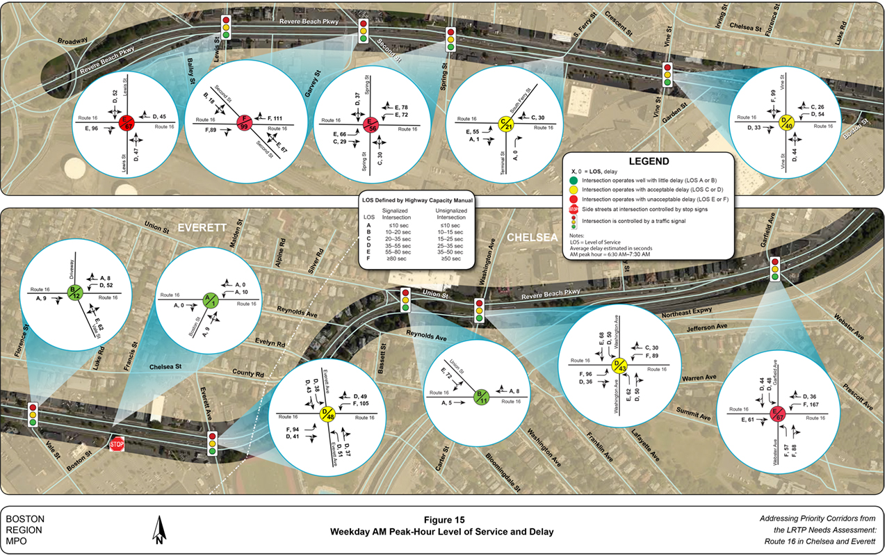 Figure 15
Weekday AM Peak-Hour Level of Service and Delay
Figure 15 is a map of the study area with diagrams showing existing level of service and delay by intersections on Route 16 in Chelsea and Everett during the weekday AM peak hour.
